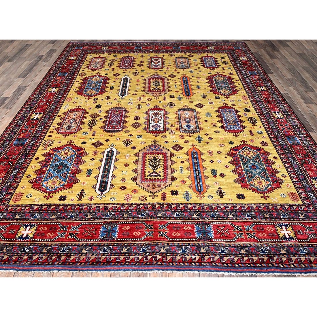 Soft Wool Hand-Knotted Afghan Rug in Yellow with Caucasian Design (8'3"x9'8") - 3