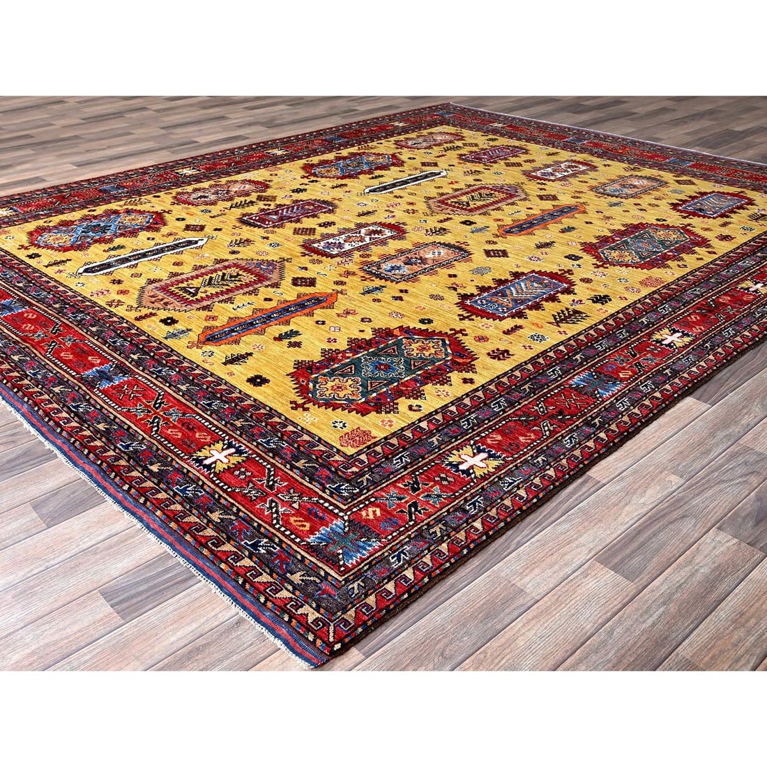 Soft Wool Hand-Knotted Afghan Rug in Yellow with Caucasian Design (8'3"x9'8") - 4