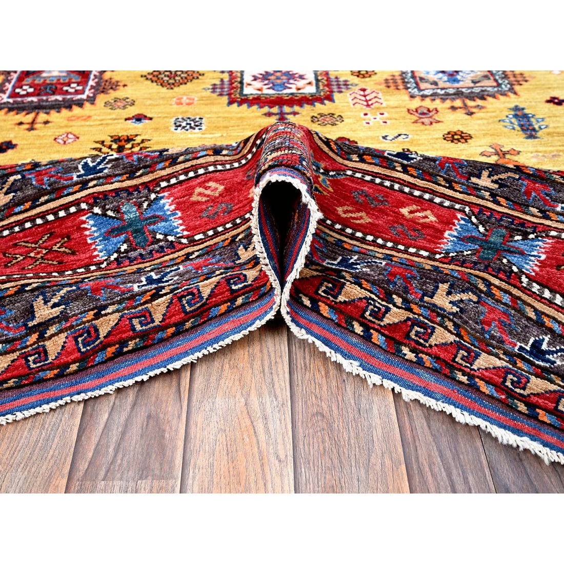 Soft Wool Hand-Knotted Afghan Rug in Yellow with Caucasian Design (8'3"x9'8") - 6