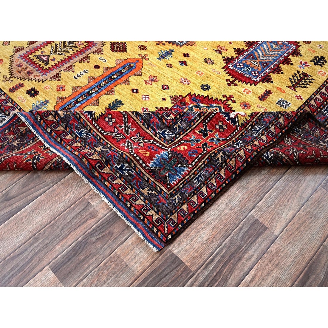 Soft Wool Hand-Knotted Afghan Rug in Yellow with Caucasian Design (8'3"x9'8") - 7