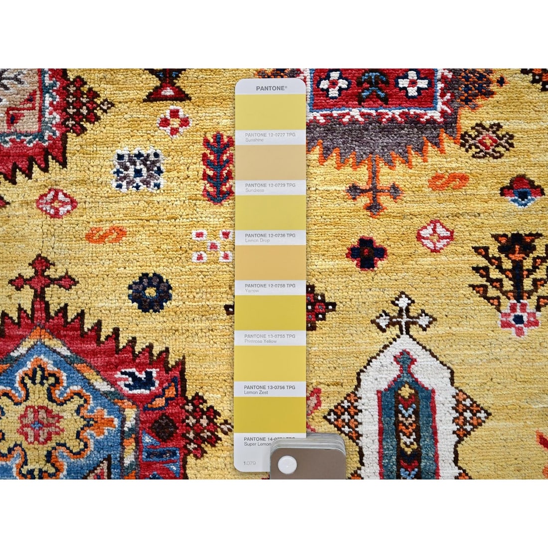 Soft Wool Hand-Knotted Afghan Rug in Yellow with Caucasian Design (8'3"x9'8") - 8