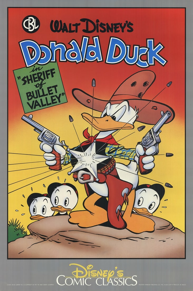 Advert WALT DISNEY The Sheriff of Bullet Valley 36" x 24" Offset Lithograph 1987: Advert WALT DISNEY The Sheriff of Bullet Valley 36" x 24" Offset Lithograph 1987 A rare and iconic Walt Disney lithograph, 'The Sheriff of Bullet Valley' is a highly sought-after piece for any Disney