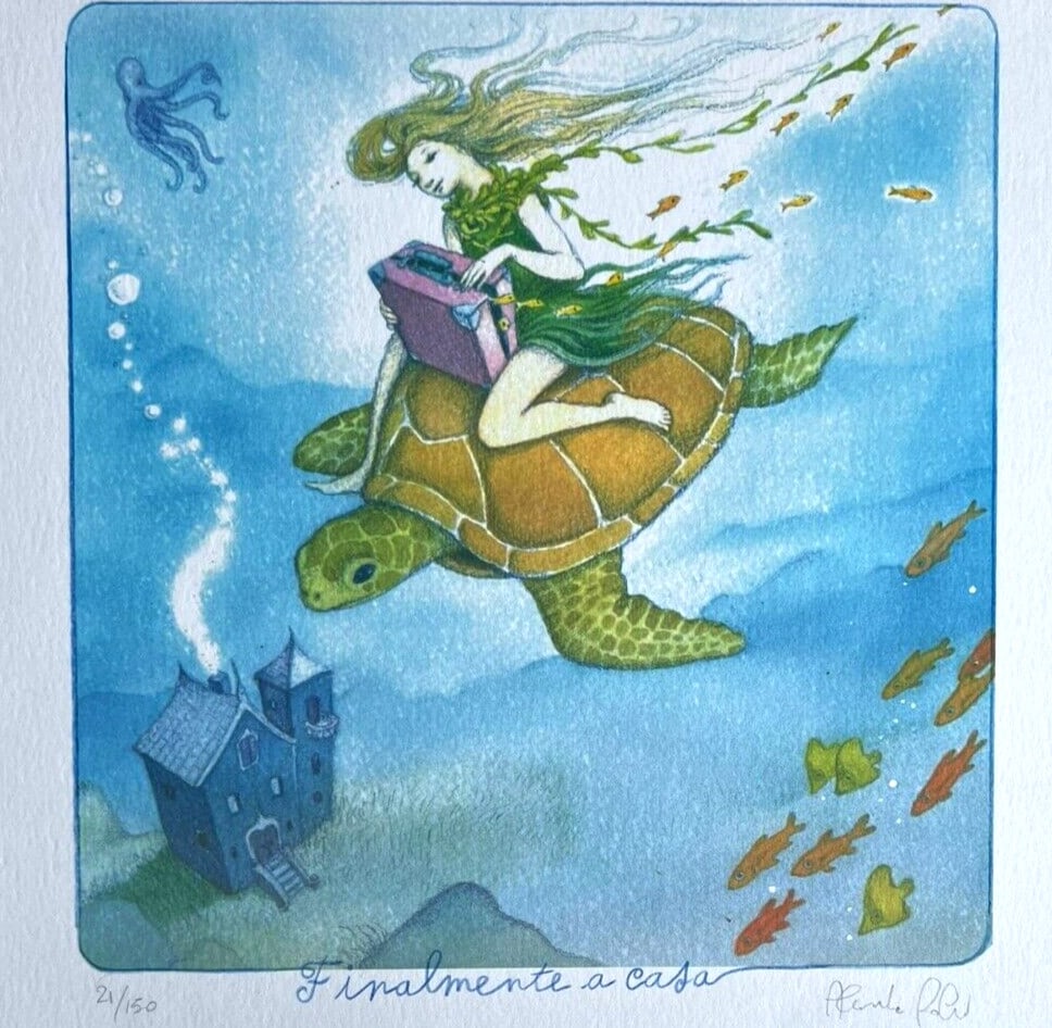 Numerata Alessandra Roberti Lithograph Tecnica Mista Pastello Firmata: Numerata Alessandra Roberti Lithograph Tecnica Mista Pastello Firmata Alessandra Roberti's "Finally at home" is a stunning Italian lithograph, hand retouched with pastel to create a unique and captiva