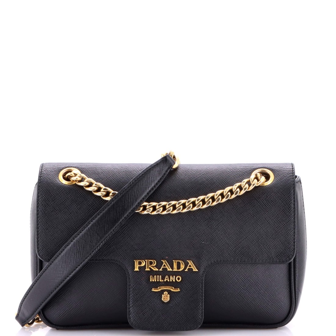 Prada Saffiano Leather Small Pattina Flap Shoulder Bag: Prada Saffiano Leather Small Pattina Flap Shoulder Bag A sleek and sophisticated small cross-body bag, the Prada Pattina Flap Shoulder Bag is crafted from premium Saffiano leather, offering a timeless