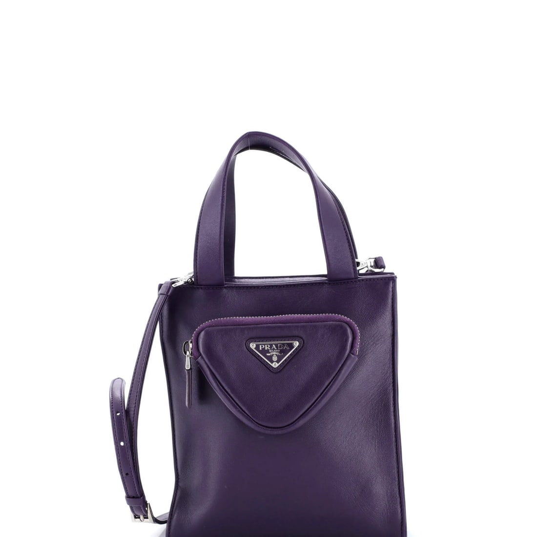 Prada Convertible Triangle Pocket Mini Tote in Nappa Leather: Prada Convertible Triangle Pocket Mini Tote in Nappa Leather Elevate your daily style with the Prada Convertible Triangle Pocket Mini Tote, a chic and functional accessory in rich purple nappa