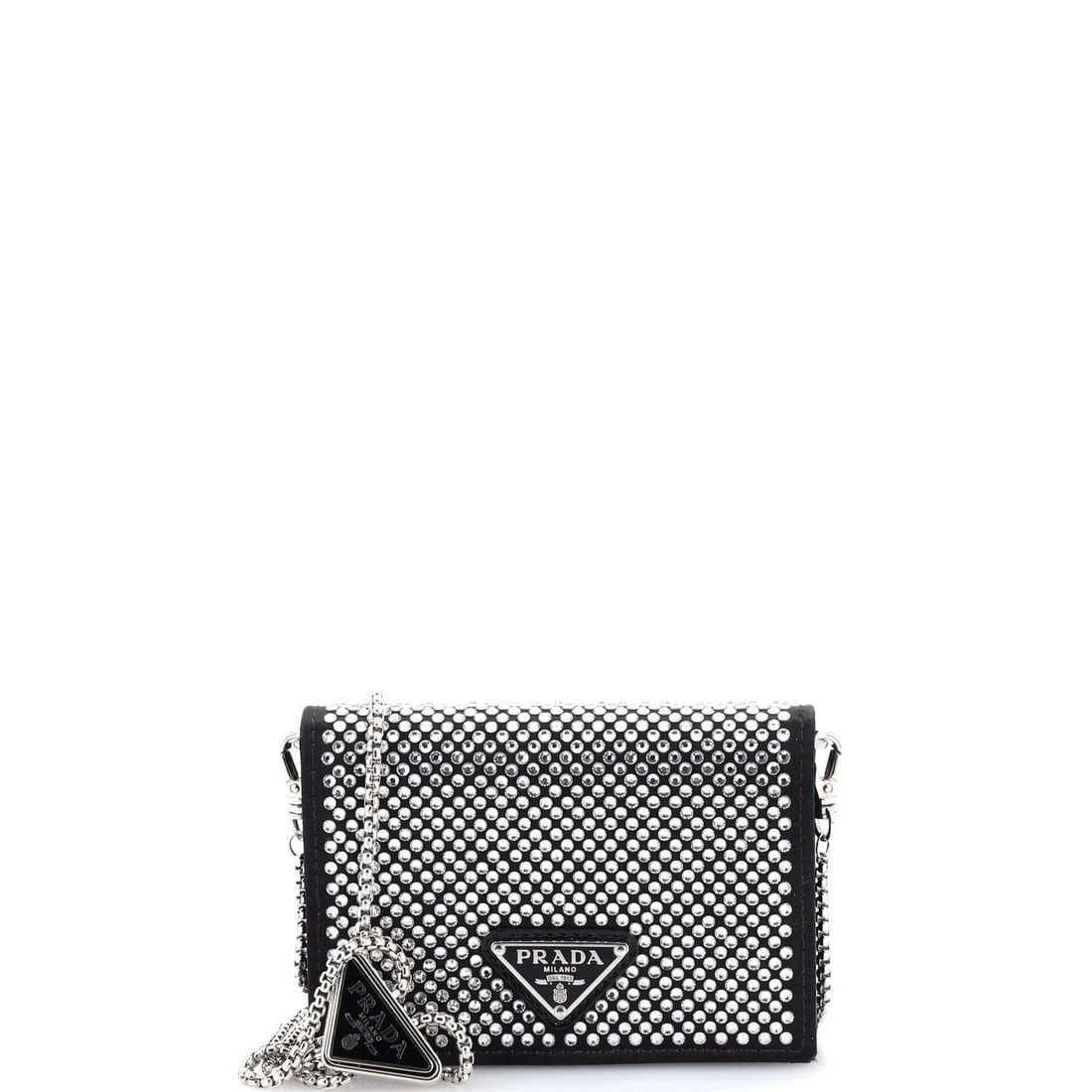 Prada Flap Card Holder with Chain Satin Crystals: Prada Flap Card Holder with Chain Satin Crystals Elevate your style with the iconic Prada Flap Card Holder, boasting sleek crystal satin details and a sophisticated chain strap that adds a touch of