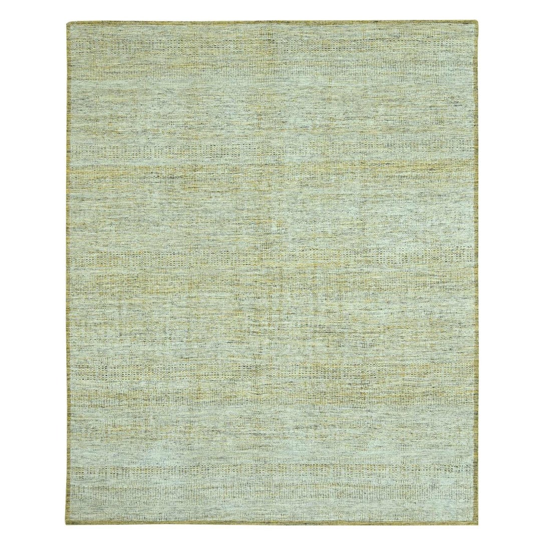 Hand-knotted yellow wool rug with oxidized and distressed grass design, 8'1"x10'2".: Hand-knotted yellow wool rug with oxidized and distressed grass design, 8'1"x10'2". Experience the warmth and beauty of India's rich cultural heritage with this stunning hand-knotted yellow wool rug,