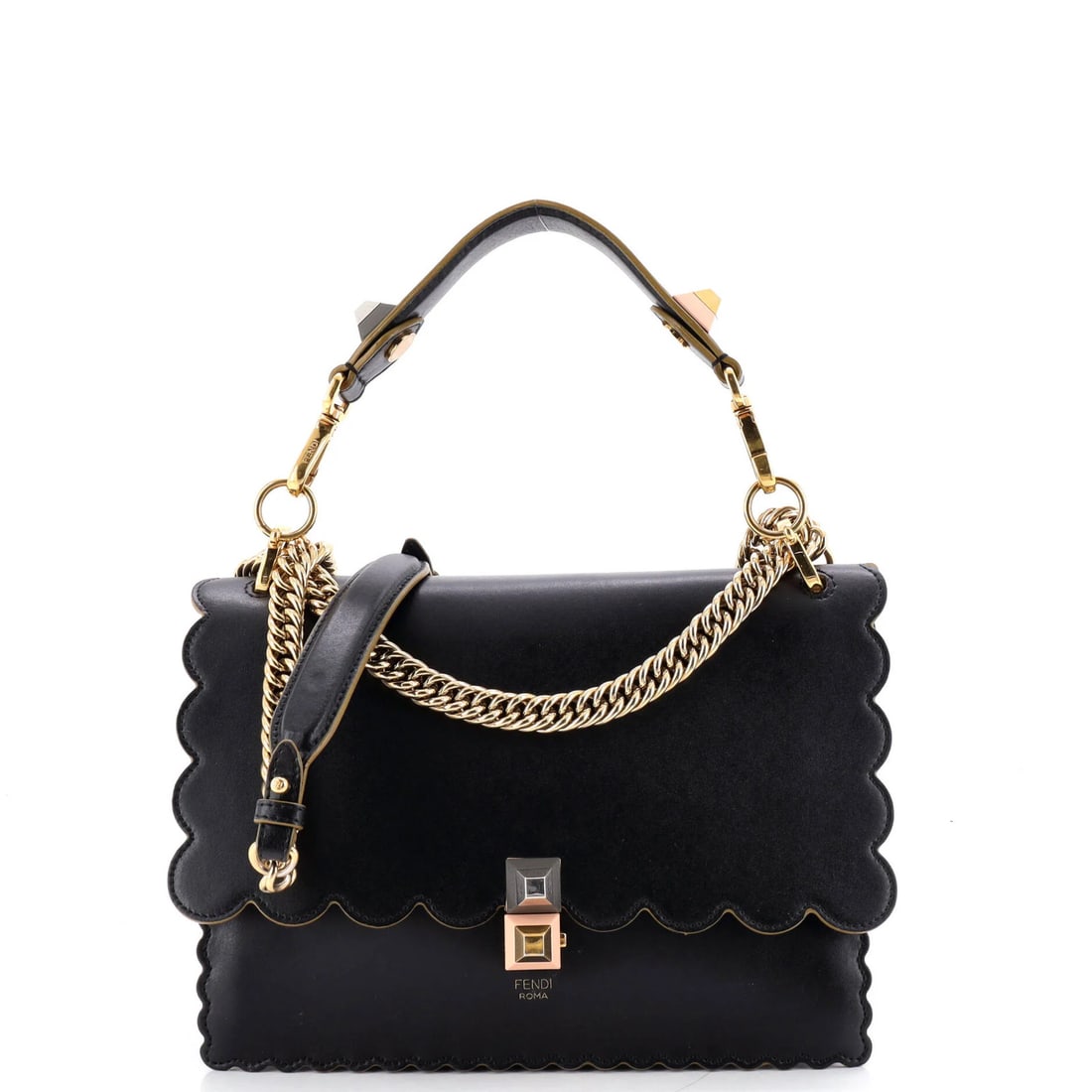 Fendi Kan I Bag in Medium Leather: Fendi Kan I Bag in Medium Leather Experience the timeless elegance of the Fendi Kan I Bag, crafted from rich medium leather in sleek black. With its signature shoulder design and adjustable strap,