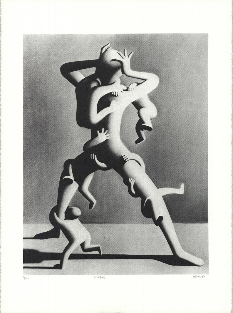Mark Kostabi Signed 1988 Lithograph, 30" x 22", Pop Art, Black & White: Mark Kostabi Signed 1988 Lithograph, 30" x 22", Pop Art, Black & White Mark Kostabi's bold and striking 1988 lithograph, "Climbing", is a rare opportunity to own a piece of Pop Art history. Measuring