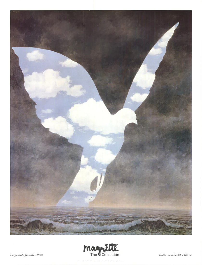 Surrealism RENE MAGRITTE La Grande Famille 51.5" x 39.5" Offset Lithograph 1998: Surrealism RENE MAGRITTE La Grande Famille 51.5" x 39.5" Offset Lithograph 1998 Experience the dreamlike world of surrealist master Rene Magritte with La Grande Famille, a striking 1998 offset