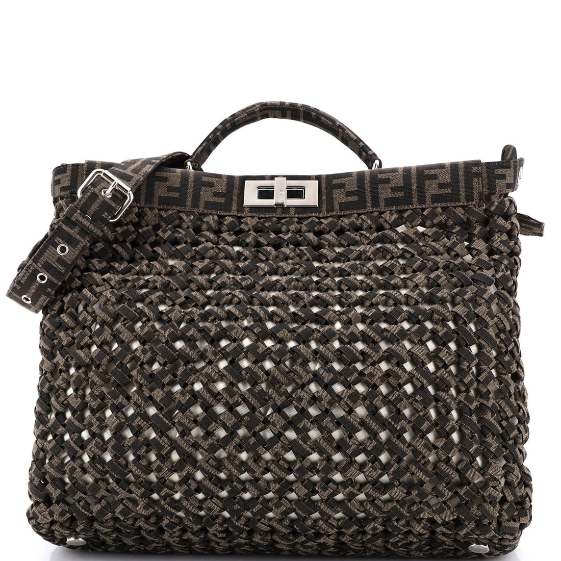 Fendi Peekaboo Woven Zucca Canvas Medium Bag: Fendi Peekaboo Woven Zucca Canvas Medium Bag The Fendi Peekaboo Woven Zucca Canvas Medium Bag is a timeless, stylish accessory that exudes luxury and sophistication. Its woven canvas exterior in rich