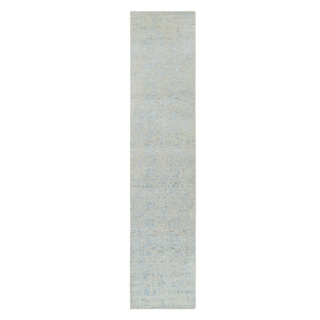 Rug 2'6"x12' Gray Wool and Silk Jacquard Hand Loomed Tebraz Runner: Rug 2'6"x12' Gray Wool and Silk Jacquard Hand Loomed Tebraz Runner Experience the rich beauty of Indian craftsmanship with this stunning 12' gray wool and silk Tebraz runner, hand loomed in India for