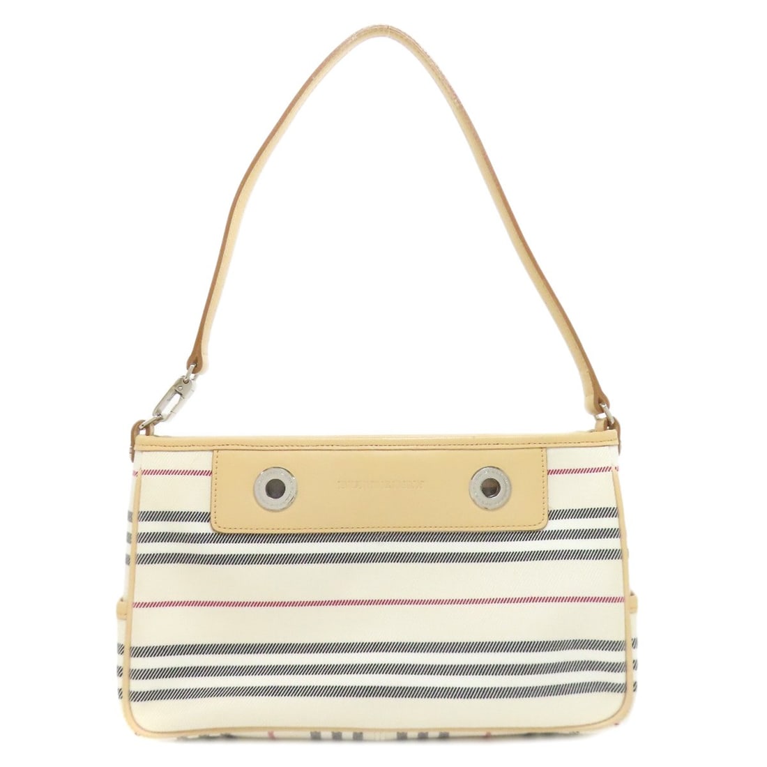 Burberry Stripe Canvas Handbag: Burberry Stripe Canvas Handbag Elevate your everyday style with the timeless charm of Burberry's iconic stripe canvas handbag. Crafted from high-quality beige canvas, this classic design boasts a