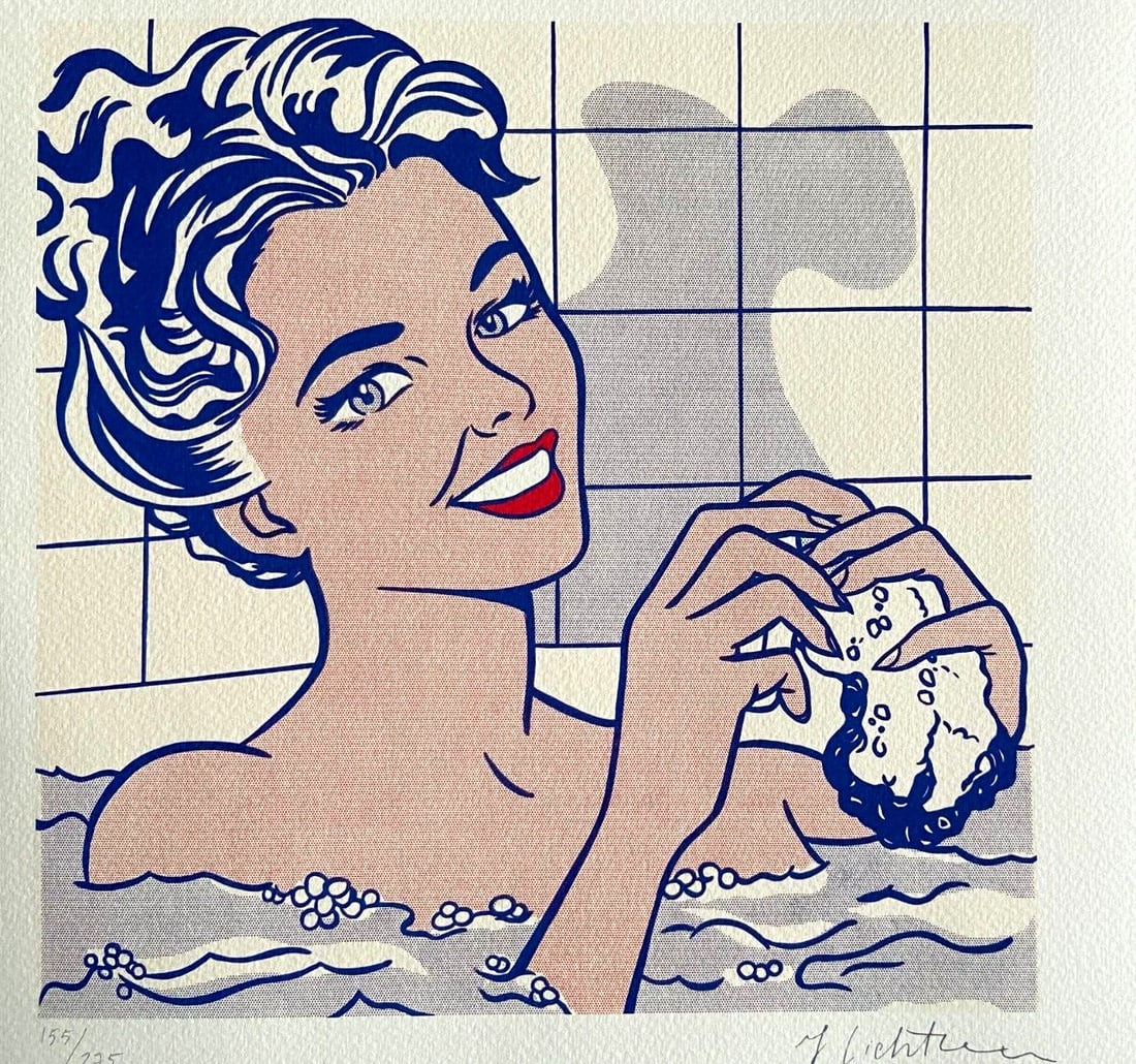 Numbered Roy Lichtenstein Lithograph: Numbered Roy Lichtenstein Lithograph Experience the iconic style of Roy Lichtenstein with this 1986 lithograph, featuring his signature Ben-Day dots and bold text. Hand-numbered and signed by the arti