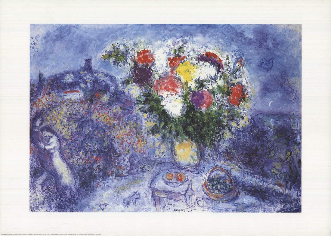 Chagall Marc - 19.75" x 27.5" Offset Lithograph (1995): Chagall Marc - 19.75" x 27.5" Offset Lithograph (1995) Marc Chagall's vibrant floral print, 'Flowers', is a stunning example of the artist's unique blend of folk art and surrealist styles. Created in