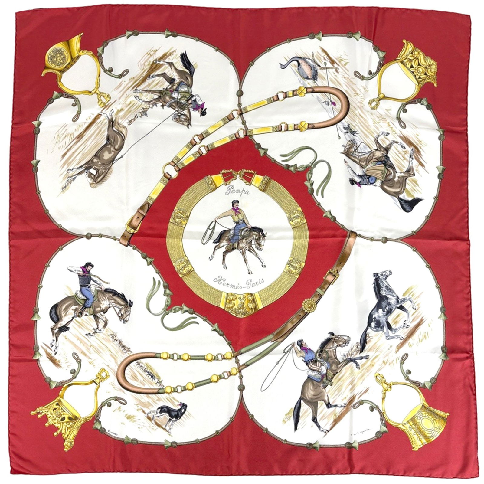 Hermes Silk Scarf: Hermes Silk Scarf A true luxury find, this pre-owned Hermes silk scarf boasts the iconic brand's signature multi-color design and vibrant red accents, all wrapped in high-quality silk fabric. With its