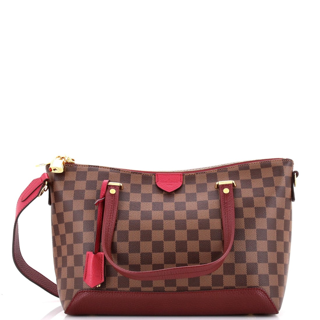 Louis Vuitton Damier Leather Hyde Park Handbag: Louis Vuitton Damier Leather Hyde Park Handbag A stunning Louis Vuitton Damier Leather Hyde Park Handbag in bold red hues, boasting classic top handle design and signature canvas-coated leather exteri
