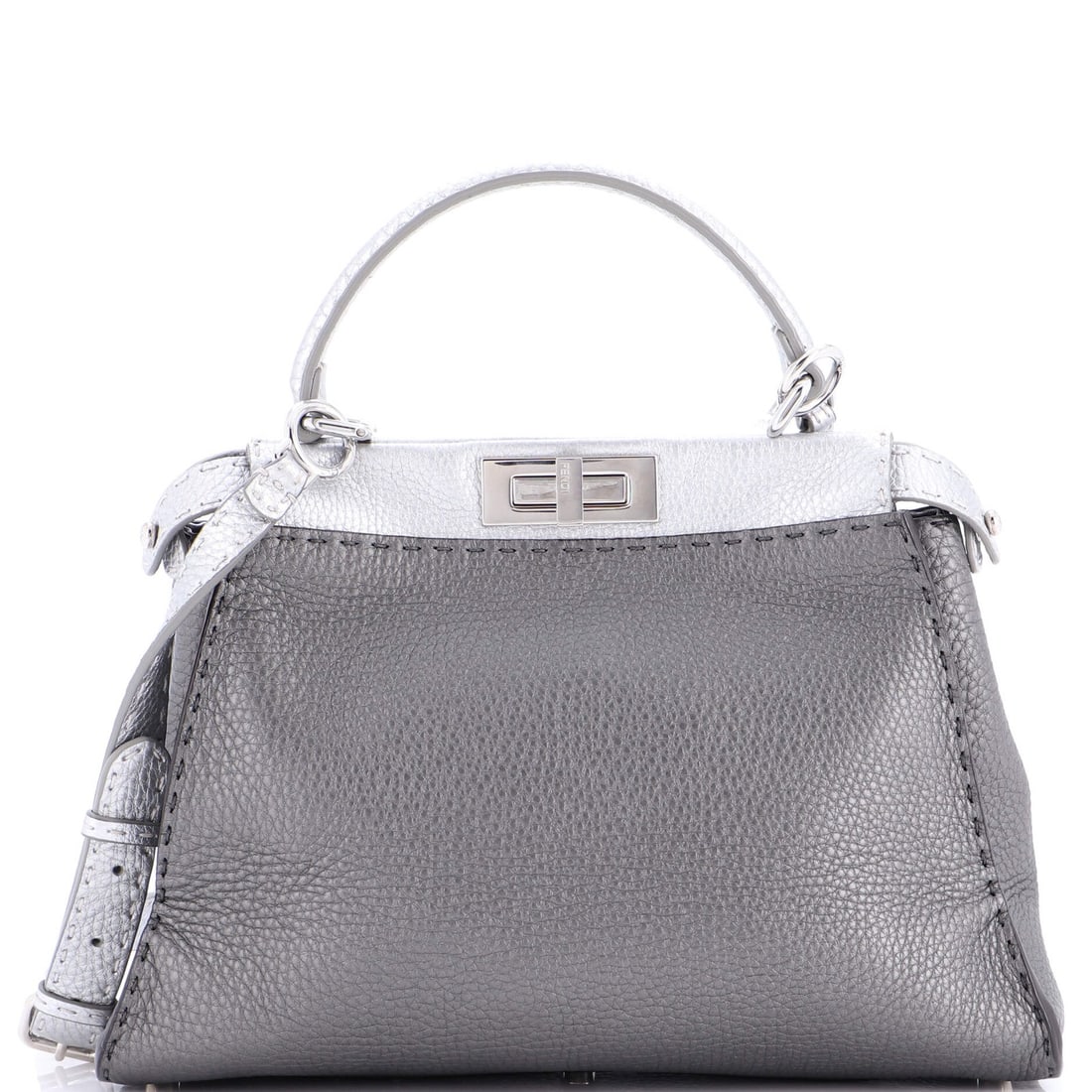 Medium Fendi Selleria Peekaboo Bag Leather: Medium Fendi Selleria Peekaboo Bag Leather A sleek and sophisticated Fendi Selleria Peekaboo bag, crafted from luxurious silver leather with subtle creases that add to its effortless charm. With its