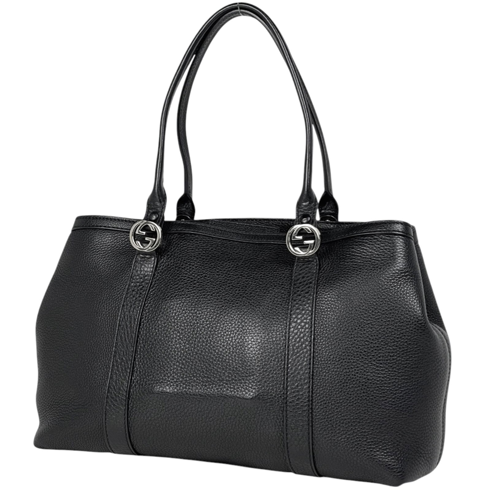 Gucci Tote Bag in Leather: Gucci Tote Bag in Leather A sleek and sophisticated Gucci tote bag in rich black leather, perfect for adding a touch of luxury to any outfit. With its classic design and timeless style, this