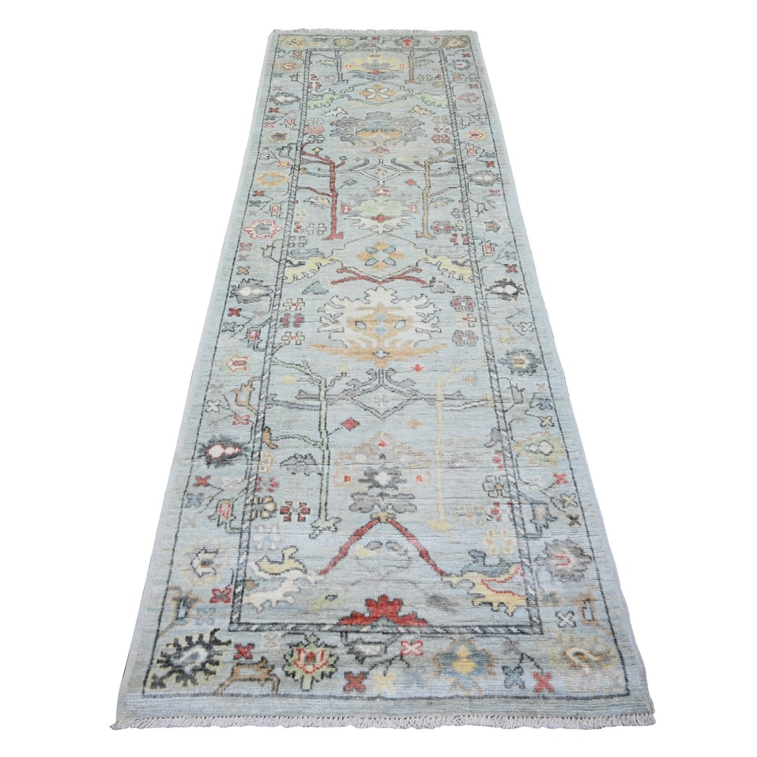 Rug 3'x9'5" Blue Afghan Angora Oushak Wool Hand Knotted Runner Oriental: Rug 3'x9'5" Blue Afghan Angora Oushak Wool Hand Knotted Runner Oriental Experience the rich beauty of Afghan craftsmanship with this stunning 3'x9.5" Blue Oushak Wool Hand Knotted Runner Rug,
