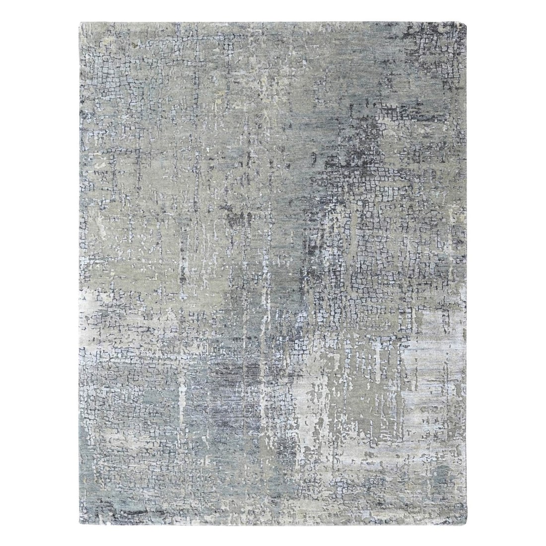 Design Hand Knotted Rug 5'x7' Gray Wool & Silk Abstract with Mosaic: Design Hand Knotted Rug 5'x7' Gray Wool & Silk Abstract with Mosaic Experience the rich heritage of Indian craftsmanship with this stunning 5'x7' hand-knotted rug, expertly woven from luxurious wool a