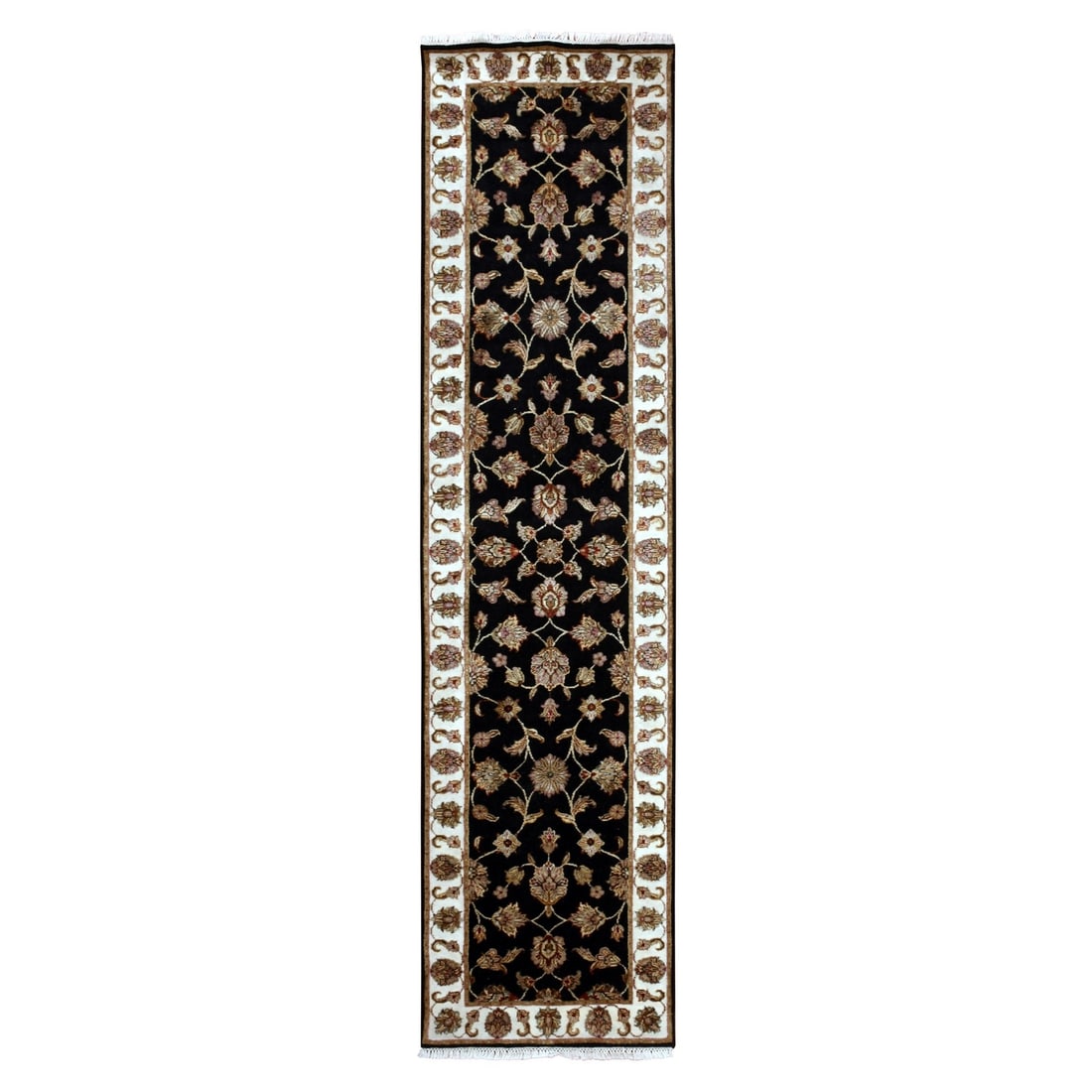 Rug 2'6"x10' Tricorn Black Wool Silk Hand Knotted Rajasthan Design Runner: Rug 2'6"x10' Tricorn Black Wool Silk Hand Knotted Rajasthan Design Runner Experience the rich heritage of India with this stunning 10' x 2'6" hand-knotted wool and silk rug, featuring an intricate