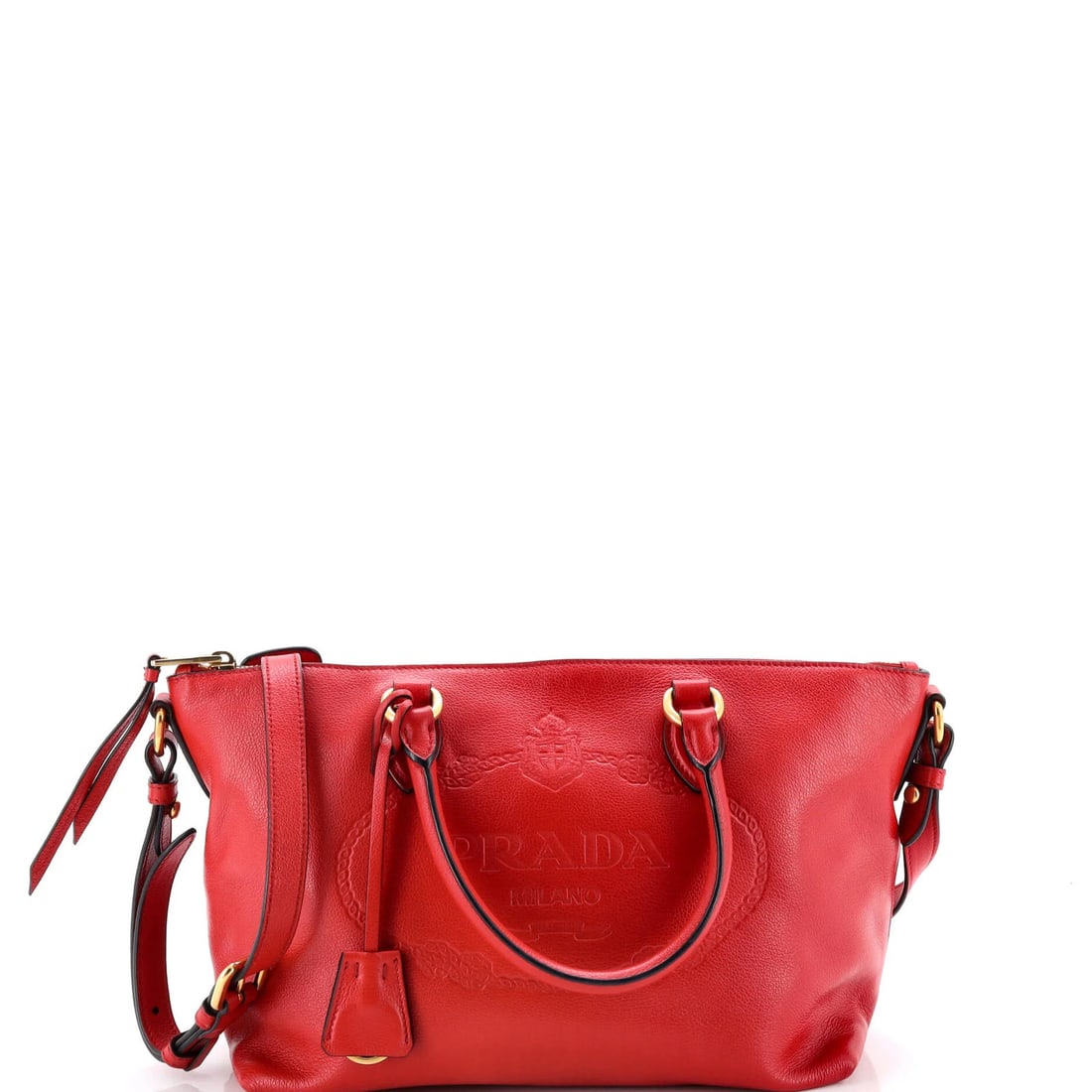 Prada Embossed Logo Convertible Tote in Small Glace Calf: Prada Embossed Logo Convertible Tote in Small Glace Calf Elevate your style with the iconic Prada Embossed Logo Convertible Tote, boasting a sleek red exterior and gold hardware that adds a touch of
