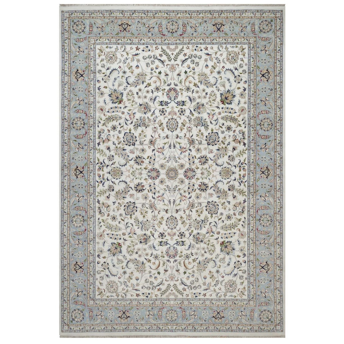 Rug 9'10"x14'5" Ivory Wool & Silk Nain with All Over Design Hand Knotted: Rug 9'10"x14'5" Ivory Wool & Silk Nain with All Over Design Hand Knotted Experience the timeless beauty of India's rich cultural heritage in this stunning 9'10"x14'5" Ivory Wool & Silk Nain rug, hand-