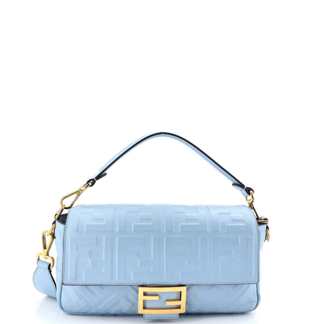 Fendi Baguette NM in Zucca Embossed Leather - Medium: Fendi Baguette NM in Zucca Embossed Leather - Medium The Fendi Baguette NM in Zucca Embossed Leather is a timeless, medium-sized cross body bag that exudes effortless elegance. With its rich blue hue