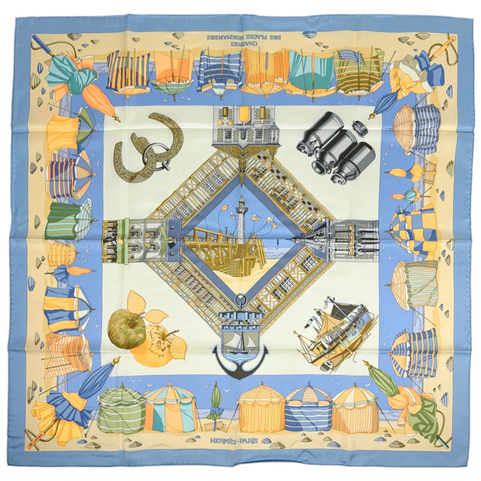 100% Hermes Scarf Silk: 100% Hermes Scarf Silk Own a piece of luxury with this stunning 100% silk Hermes scarf, boasting a beautiful light blue and multi-color design that adds a touch of elegance to any outfit. Made from th