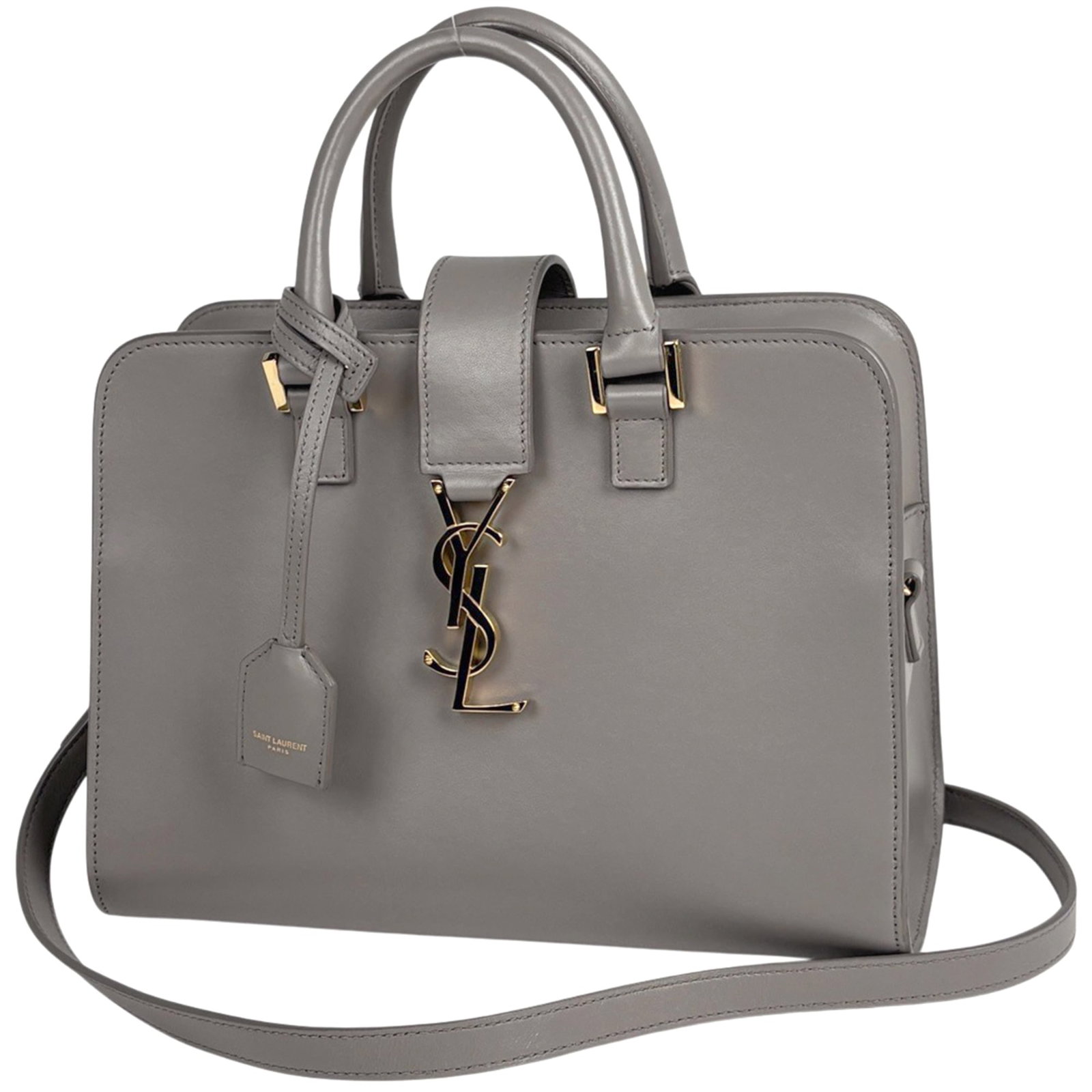 Saint Laurent Leather Shoulder Bag: Saint Laurent Leather Shoulder Bag A timeless Saint Laurent leather shoulder bag in a versatile gray hue, perfect for adding an effortless touch to any outfit. With its classic design and premium