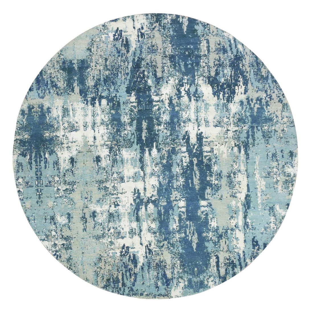 Blue Silk & Wool Hand-Knotted Abstract Design Round Rug (7'1"): Blue Silk & Wool Hand-Knotted Abstract Design Round Rug (7'1") Experience the rich beauty of India with this stunning blue silk and wool hand-knotted abstract design round rug, expertly crafted in