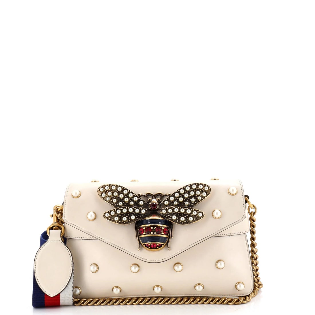 Gucci Broadway Pearly Bee Embellished Leather Mini Bag: Gucci Broadway Pearly Bee Embellished Leather Mini Bag Elevate your everyday style with the iconic Gucci Broadway Pearly Bee Embellished Leather Mini Bag, boasting a chic white exterior adorned with