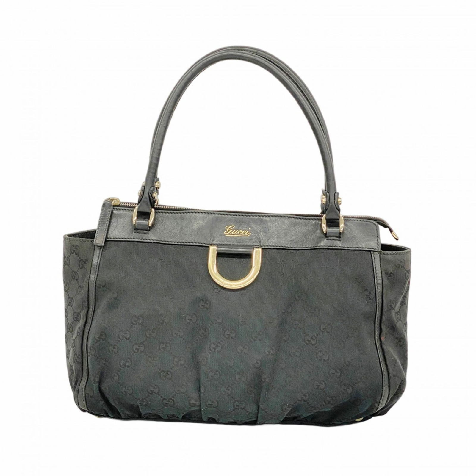 Gucci Canvas Handbag: Gucci Canvas Handbag A chic and timeless Gucci canvas handbag in sleek black, adorned with elegant champagne gold hardware, adds a touch of sophistication to any outfit. With its spacious interior