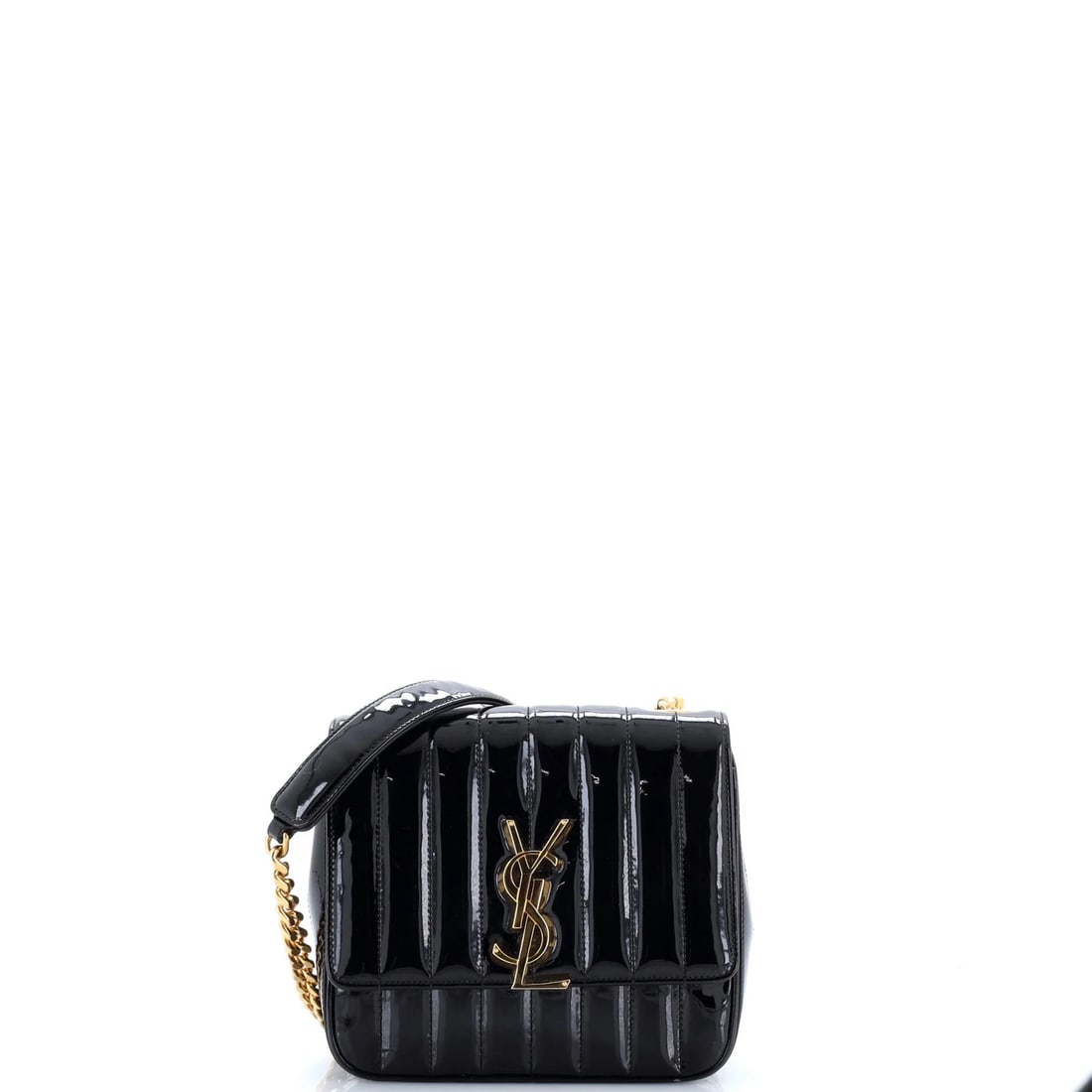 Medium Saint Laurent Vicky Crossbody Bag Vertical Quilted Patent: Medium Saint Laurent Vicky Crossbody Bag Vertical Quilted Patent A sleek and sophisticated Saint Laurent Vicky Crossbody Bag, this medium-sized bag boasts a striking vertical quilted patent leather