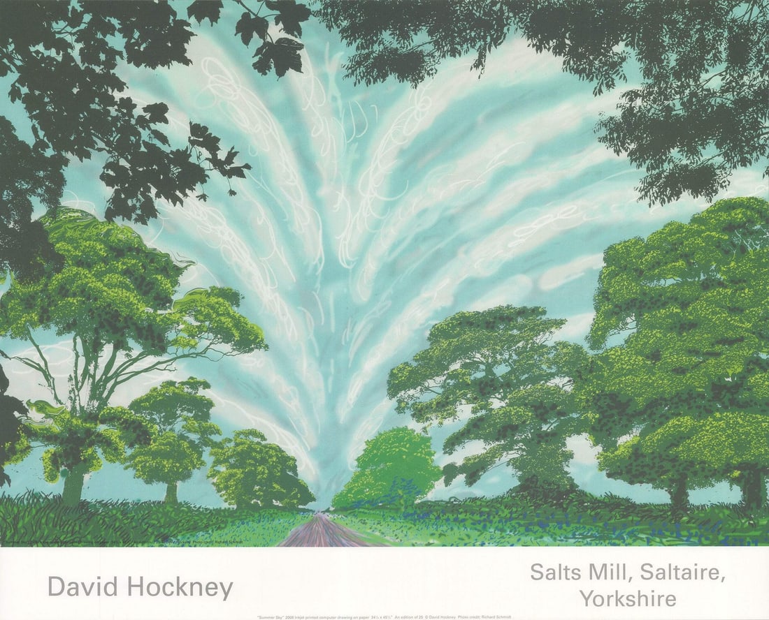 Blue DAVID HOCKNEY Summer Sky 19.5" x 24" Offset Lithograph 2008 Pop Art Green: Blue DAVID HOCKNEY Summer Sky 19.5" x 24" Offset Lithograph 2008 Pop Art Green Experience the vibrant colors and playful energy of David Hockney's iconic pop art piece, Summer Sky, in this stunning
