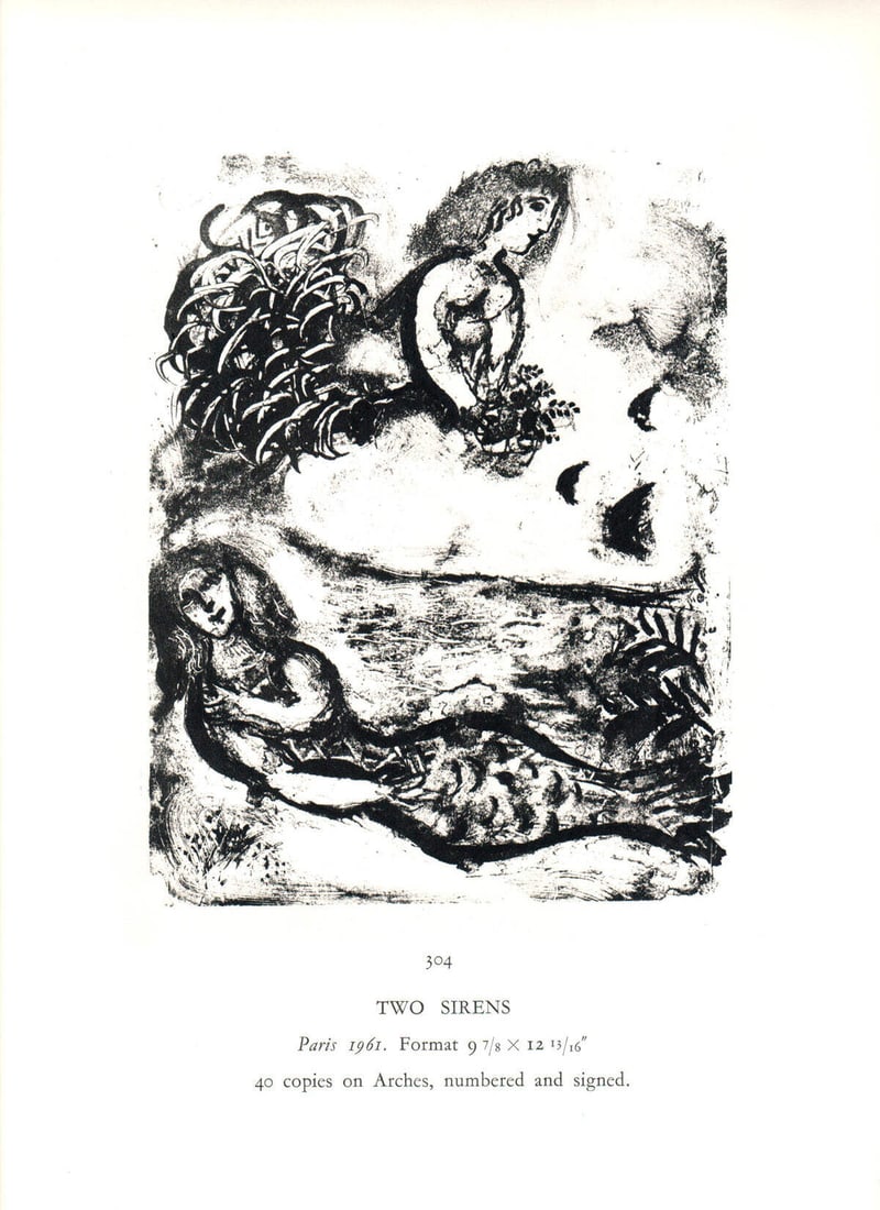 Modernism MARC CHAGALL Deux Sirenes 12.5" x 9.75" Poster 1963: Modernism MARC CHAGALL Deux Sirenes 12.5" x 9.75" Poster 1963 Experience the dreamlike beauty of Marc Chagall's iconic 1963 print, Deux Sirenes, in stunning offset lithograph quality. This rare poster