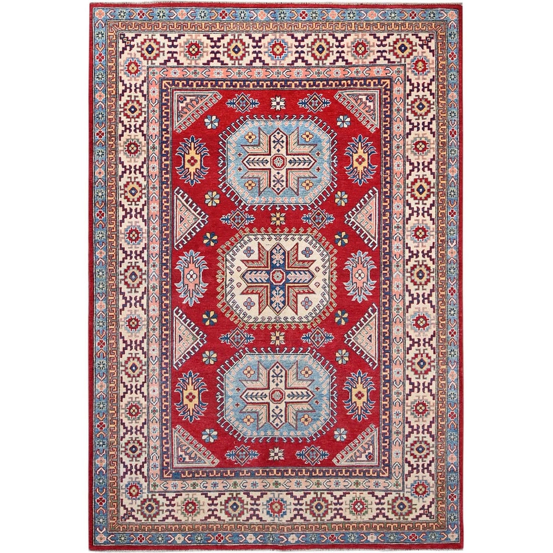 Rug 6'x8'9" Toreador Red Hand Knotted Wool Kazak Large Elements Oriental: Rug 6'x8'9" Toreador Red Hand Knotted Wool Kazak Large Elements Oriental Experience the rich beauty of traditional Afghan craftsmanship with this stunning 6'x8'9" Toreador Red Hand Knotted Wool Kazak