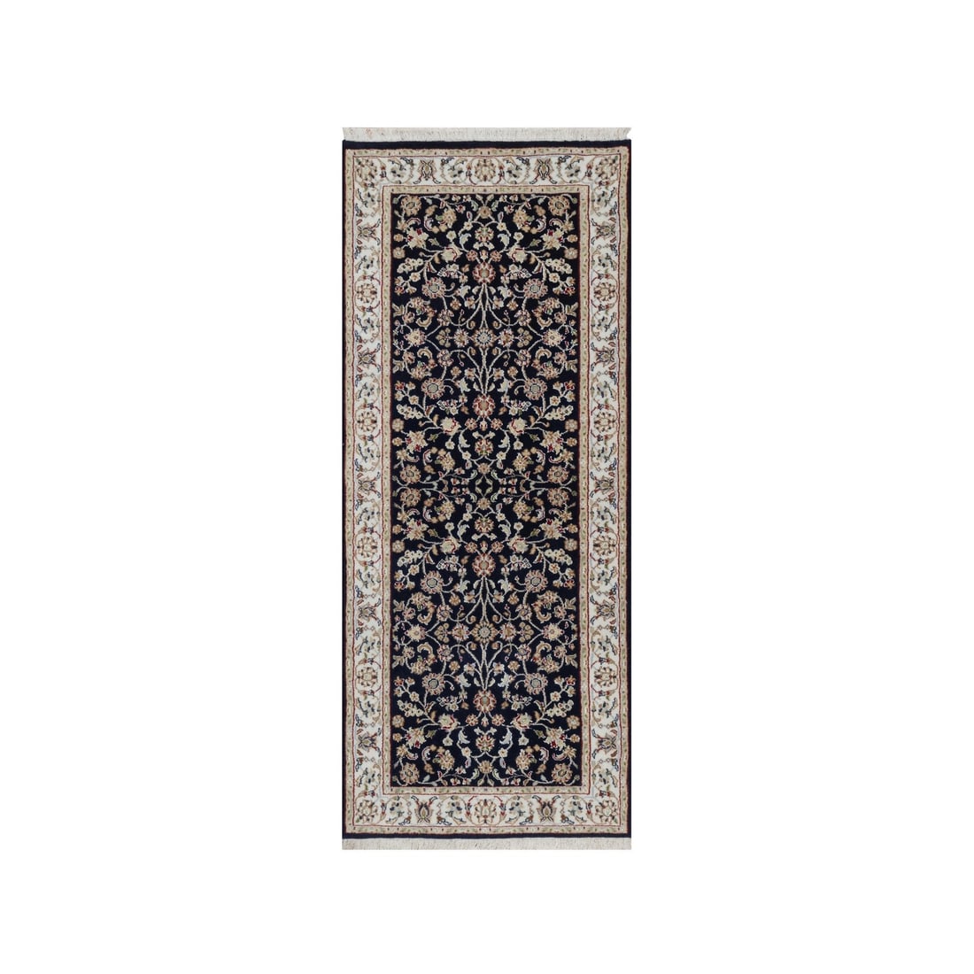 Navy Blue Nain Vines Design Wool & Silk Hand-Knotted 2'7"x6'4" Runner Rug: Navy Blue Nain Vines Design Wool & Silk Hand-Knotted 2'7"x6'4" Runner Rug Experience the rich heritage of India with this stunning Navy Blue Nain Vines Design Wool & Silk Hand-Knotted Runner Rug,