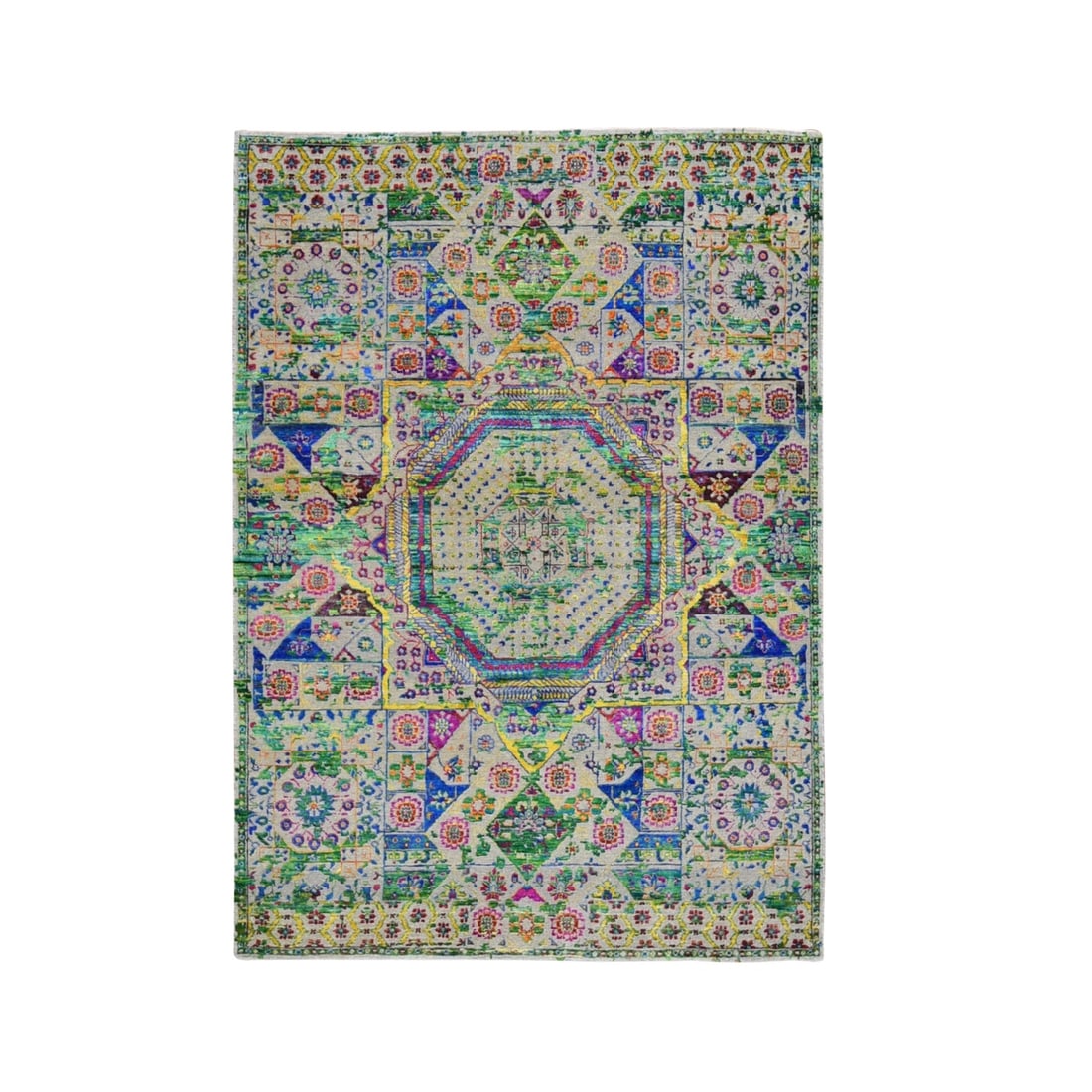 Rug 5'x7' Colorful Sari Silk Mamluk Design Hand Knotted Oriental: Rug 5'x7' Colorful Sari Silk Mamluk Design Hand Knotted Oriental Experience the vibrant colors and rich history of India with this stunning 5'x7' hand-knotted Oriental rug, expertly woven from wool