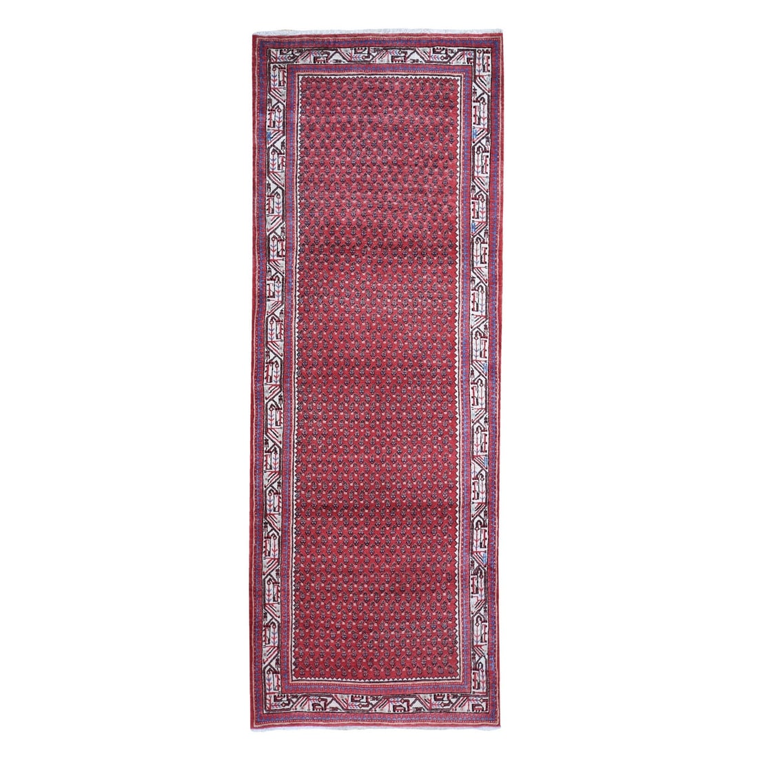 Farsian Saroogh Pure Wool Hand-Knotted Red Runner Rug (3'8"x9'9"): Farsian Saroogh Pure Wool Hand-Knotted Red Runner Rug (3'8"x9'9") Experience the timeless beauty of traditional Turkish craftsmanship with this stunning Farsian Saroogh Pure Wool Hand-Knotted Red