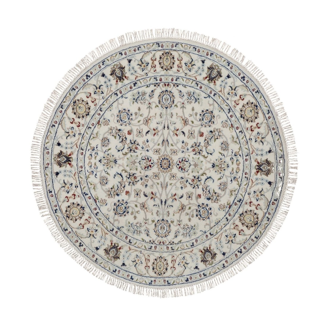 Rug 4'x4' Ivory Nain with All Over Design Wool & Silk Hand Knotted Round: Rug 4'x4' Ivory Nain with All Over Design Wool & Silk Hand Knotted Round Experience the timeless elegance of India's rich cultural heritage with this exquisite 4'x4' Ivory Nain rug, hand-knotted from