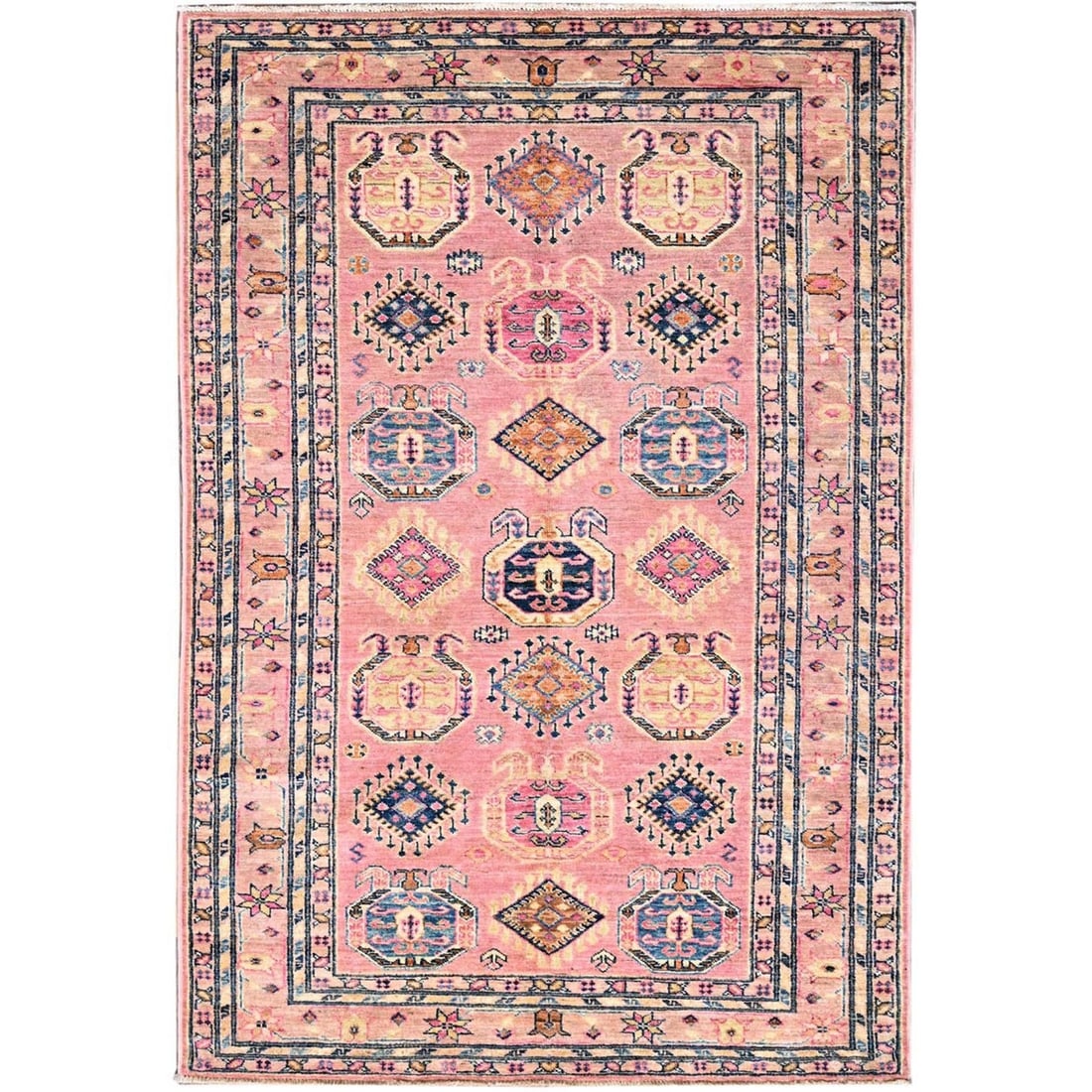 Rug 4'x6' Pink Salt Organic Wool Hand Knotted Afghan Super Kazak: Rug 4'x6' Pink Salt Organic Wool Hand Knotted Afghan Super Kazak Experience the warmth and beauty of hand-knotted luxury with this stunning 4'x6' Pink Salt Organic Wool Super Kazak rug, crafted from