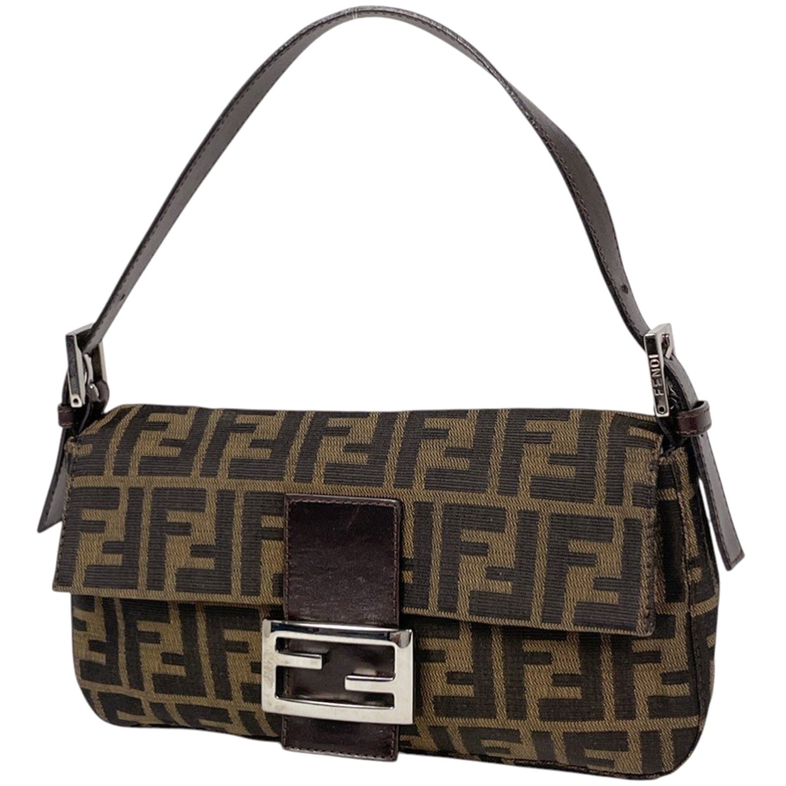 Fendi Canvas and Leather Shoulder Bag: Fendi Canvas and Leather Shoulder Bag A timeless Fendi shoulder bag, crafted from luxurious canvas and supple leather, boasts a classic brown hue that adds warmth to any outfit. With its spacious