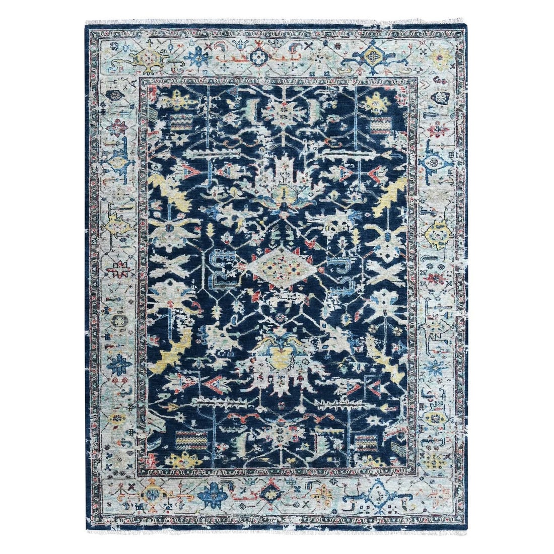 Denim Blue Pure Wool Heris Hand-Knotted Rug (5'1"x6'9"): Denim Blue Pure Wool Heris Hand-Knotted Rug (5'1"x6'9") Experience the timeless beauty of India's rich heritage with this stunning Denim Blue Pure Wool Heris Hand-Knotted Rug, expertly crafted from 20