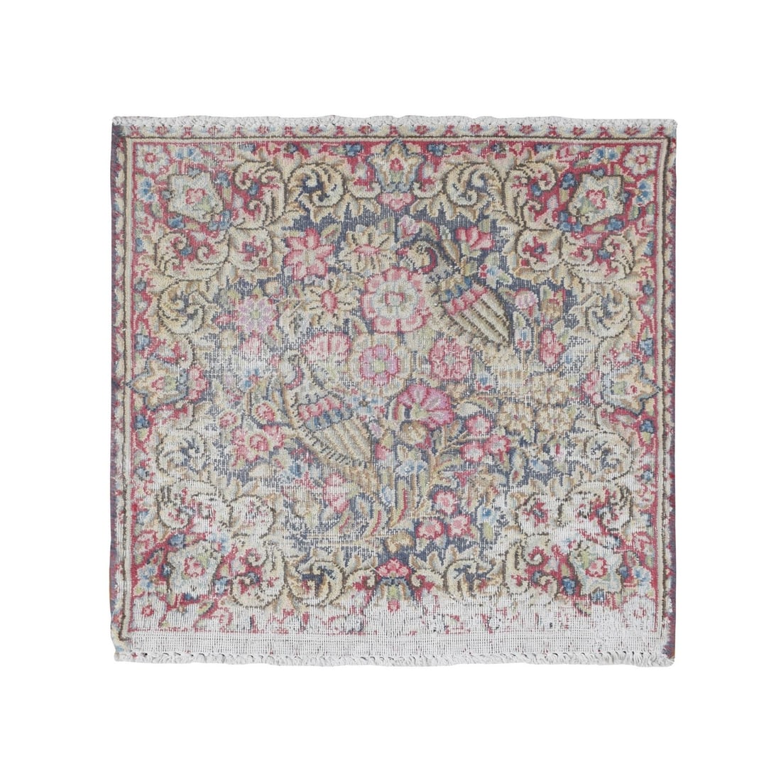 Rug 1'9"x1'9" Blue Old Zoroastrian Karman Worn Wool Hand Knotted Square: Rug 1'9"x1'9" Blue Old Zoroastrian Karman Worn Wool Hand Knotted Square A stunning piece of traditional Turkish craftsmanship, this 1'9"x1'9" blue wool hand-knotted square rug boasts intricate Orienta