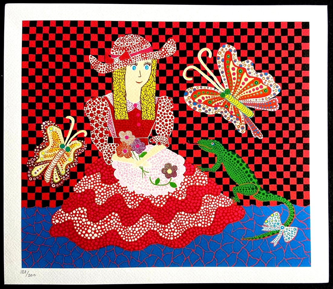 Numbered Yayoi Kusama Lithograph Mori Art Museum: Numbered Yayoi Kusama Lithograph Mori Art Museum Own a unique piece of art history with this rare, hand-printed lithograph by Yayoi Kusama, featuring her iconic "Lizard" motif, created in collaboratio