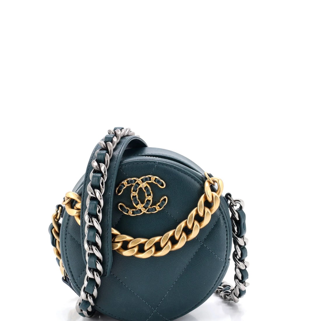 Chanel 19 Round Clutch in Quilted Leather with Chain: Chanel 19 Round Clutch in Quilted Leather with Chain Elevate your evening look with the iconic Chanel 19 Round Clutch in quilted leather, boasting a sleek green exterior and chain detail that adds an