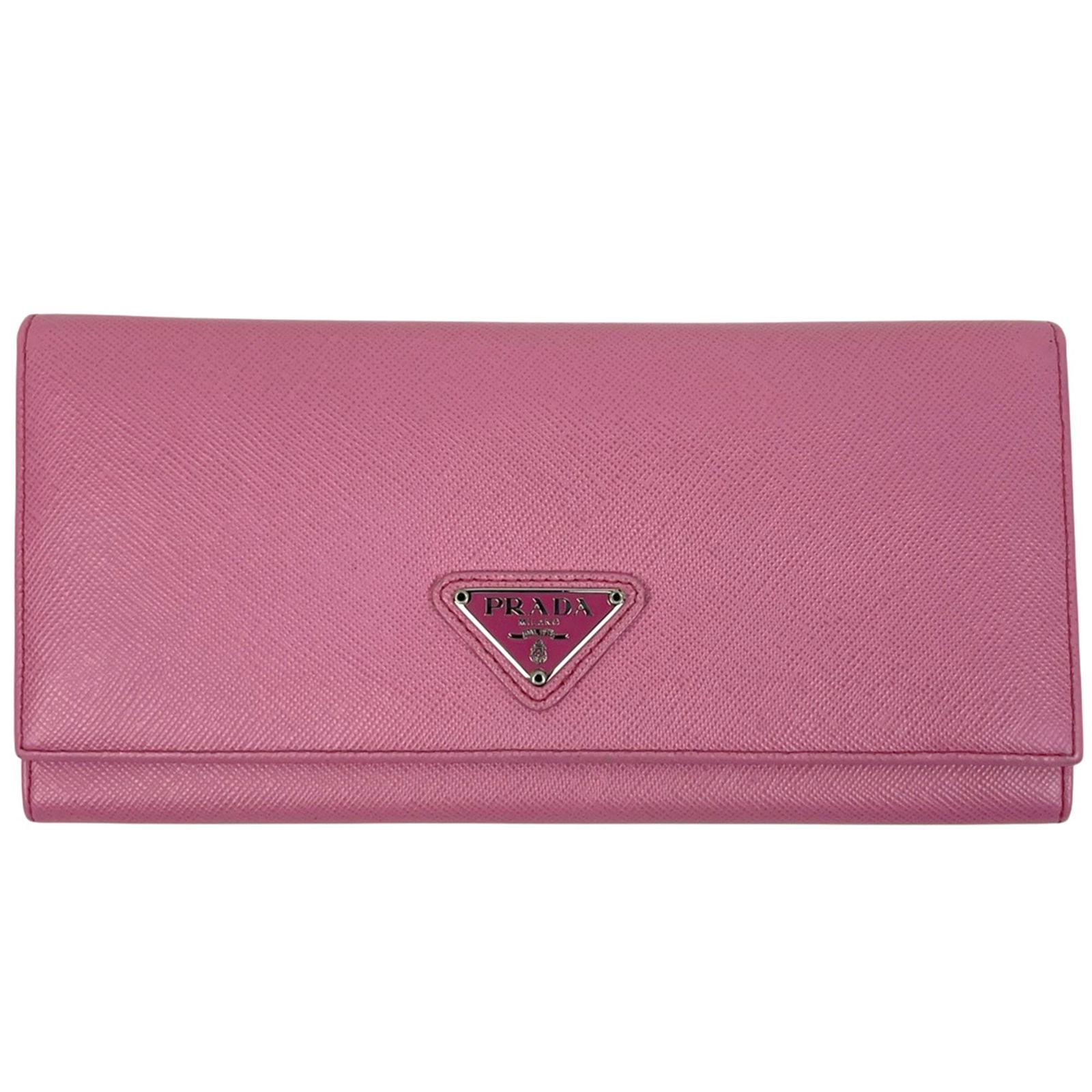 Prada Bi-Fold Leather Wallet: Prada Bi-Fold Leather Wallet A chic and feminine touch for your daily essentials, the Prada Bi-Fold Leather Wallet boasts sleek design and premium leather construction in a vibrant pink hue. With its