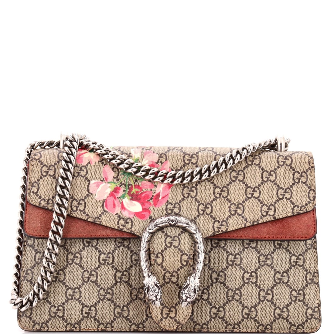 Gucci Dionysus Small Blooms Print GG Coated Canvas Bag: Gucci Dionysus Small Blooms Print GG Coated Canvas Bag The Gucci Dionysus Small Blooms Print GG Coated Canvas Bag is a stylish and eye-catching accessory that boasts a vibrant pink hue with delicate